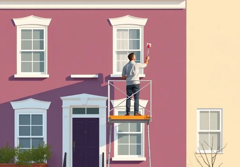 Peintre sur échafaudage traitant la façade d'une maison